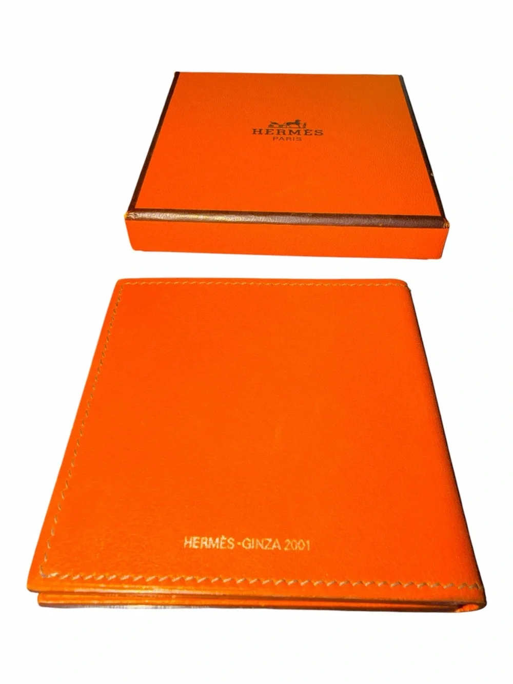 Hermès 2001 Ginza Lim. Edit. Orange Leather Folding Double Pocket Mirror w/Box